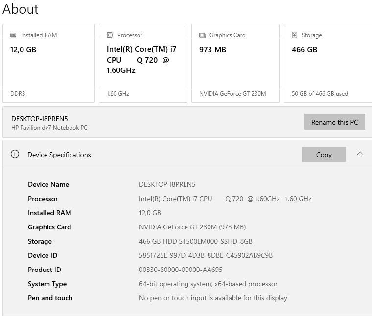 Laptop HP 17.3, i7 720QM 1,6Ghz/2,8Ghz, 12GB, 500GB SSHD, Nvidia GT 230M 1G, Win10 Office 2024