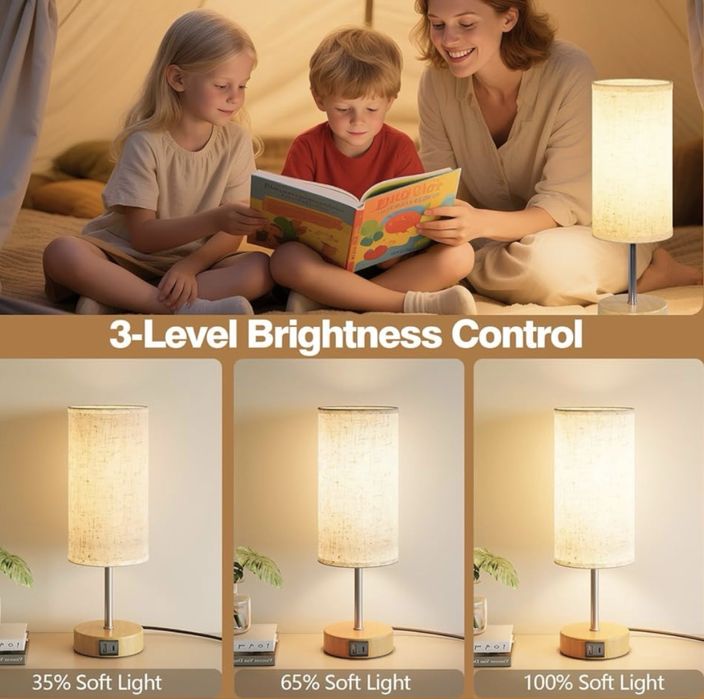 Lampă de noptieră cu funcție de încărcare prin porturi USB-A și USB-C