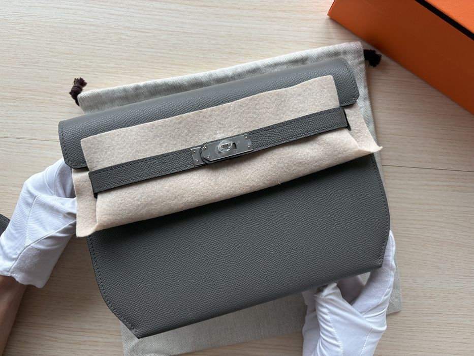 Hermès Kelly Dépêches 25 Epsom Etain, нова, пълен комплект
