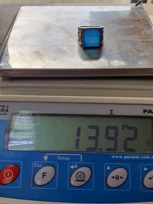 Inel tip pecete (signet ring) bărbătesc din argint 925 cu onix albastru – mărimea 60 – 13,92 g