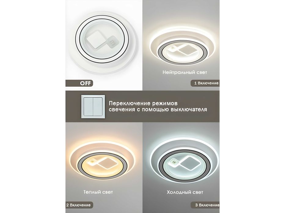 Люстра LED, круглая, квадратная, 3 режима освещения, детской, спальни