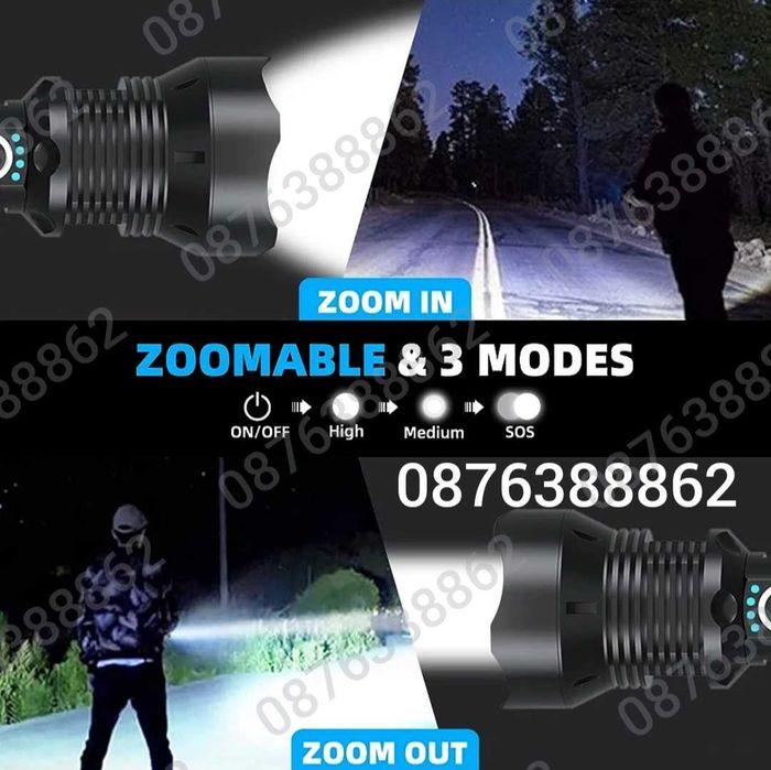 ПРОМО! Мощен Лед фенер 900000W POLICE 24см, Зуум, Водоустойчив