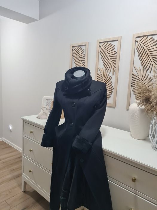 Palton lână  lung negru cu blanita