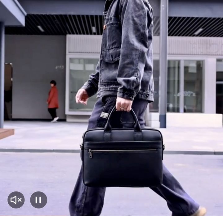 Мъжка елегантна чанта за лаптоп 15”/Офис куфарче от черна естест. кожа