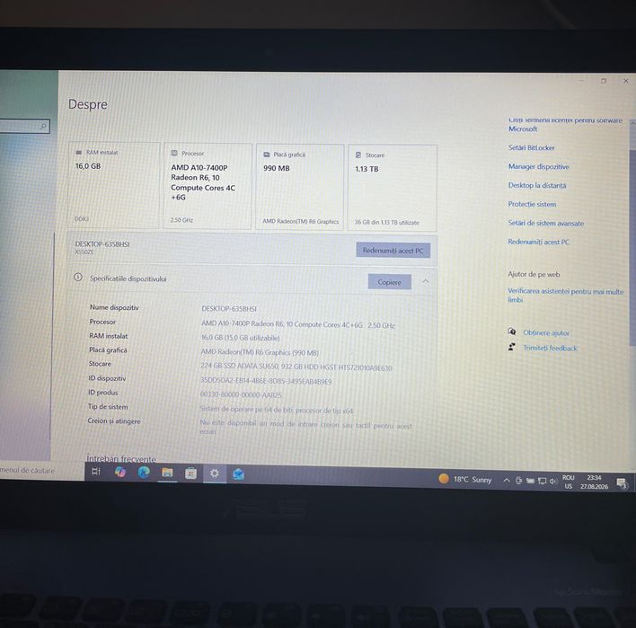 Laptop Asus 16 GB Ram 2 GB video SSD 240 GB plus HDD 1 TB