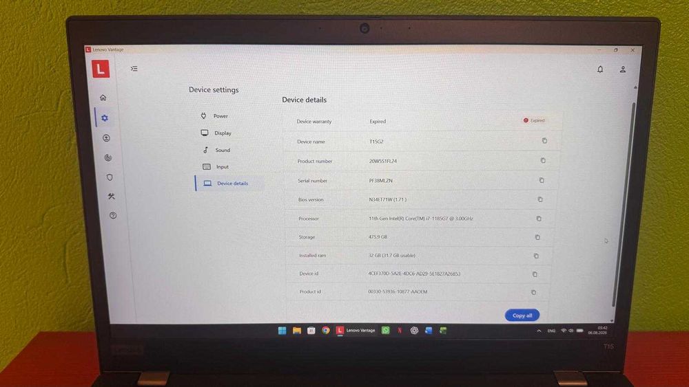 Thinkpad T15 Gen 2i, core I7-1185G7, 32 GB RAM, 512 GB NVME Samsung