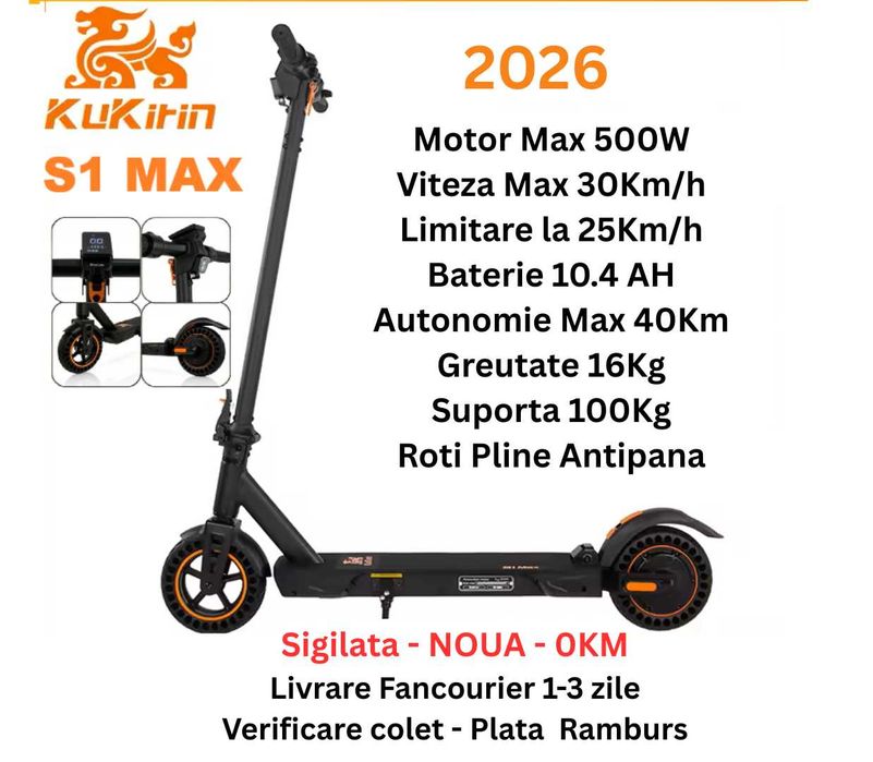 Sigilata Noua ‼️Kukirin S1 Max, Motor Peak 500W, Viteza 30 km/h, Autonomie 40km