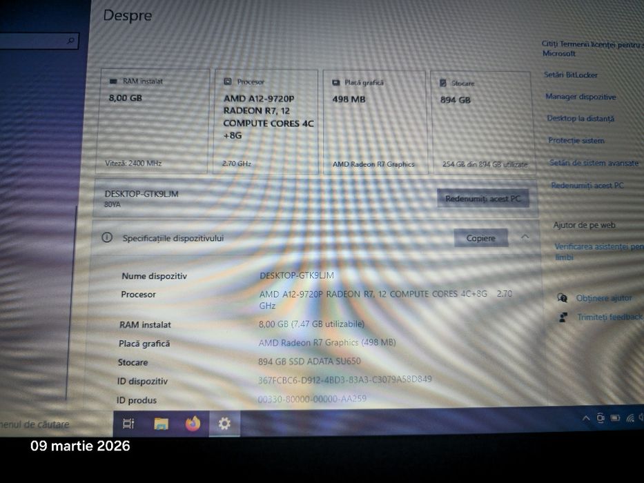 Laptop Lenovo AMD A12 8GB RAM SSD 1 tera GB stare foarte bună