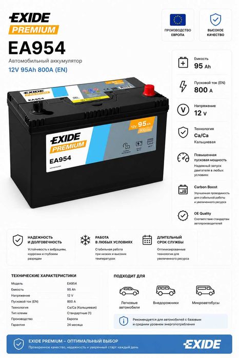 Автомобильный аккумулятор Exide Premium EA954