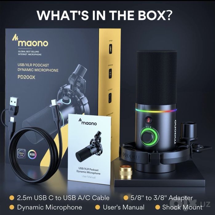 Микрофон MAONO PD200XS Black в комплекте: микрофон + стойка (boom arm)