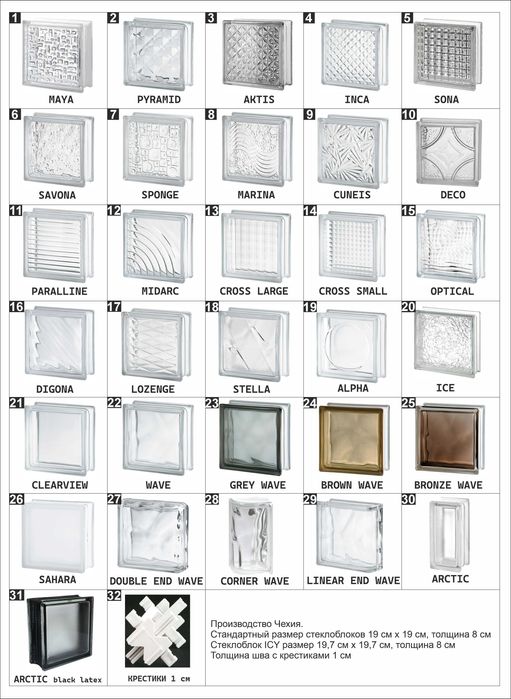 Стеклоблоки в ассортименте, производство Чехия (Европа)