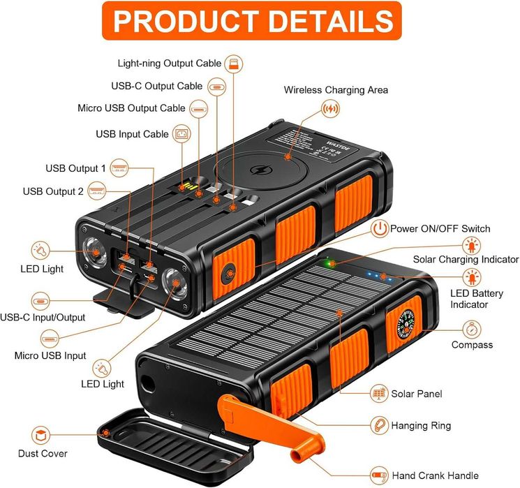 Baterie externă solară wireless 26800 mAh cu manivelă și 4 cabluri, încărcător solar Power Bank cu încărcare rapidă USB-C, 7 ieșiri și 4 intrări