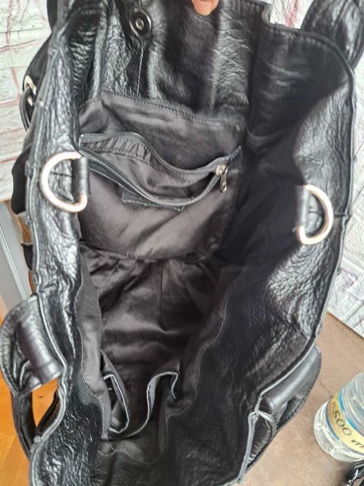 дамска чанта,черна голяма кожена торба-естествена кожа и велур