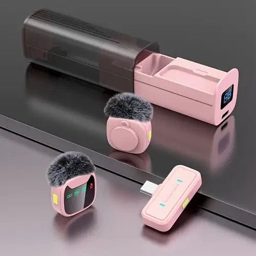 Професионални двойни безжични микрофони с калъф за зареждане, розов цвят