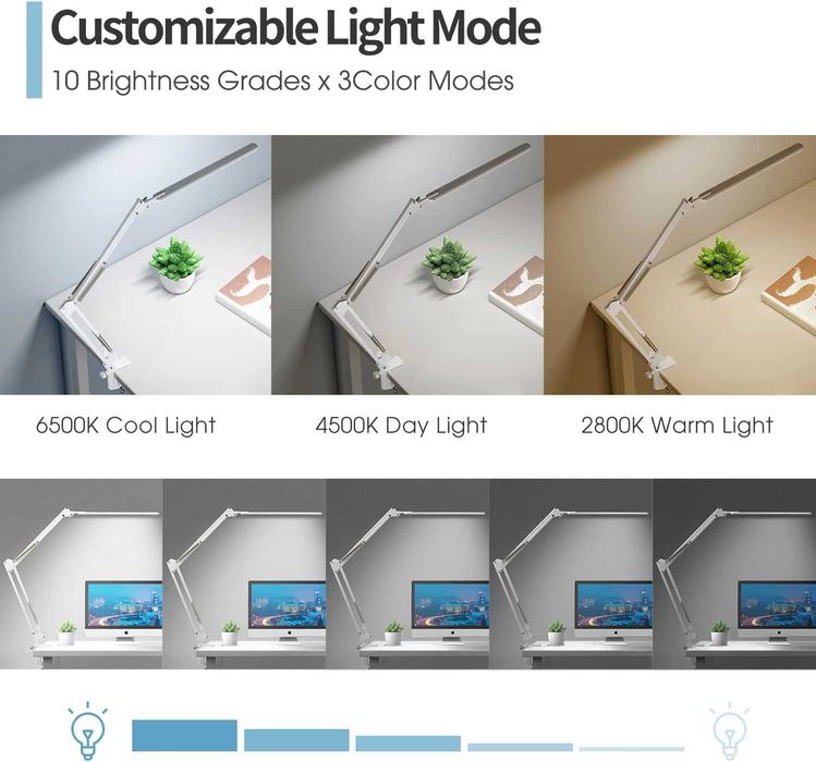 LED настолна лампа, настолна лампа с регулируемо рамо brightower и скоба, грижовна за очите