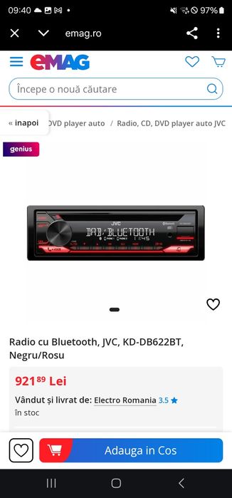 Radio cu Bluetooth, JVC, KD-DB622BT, Negru/Rosu