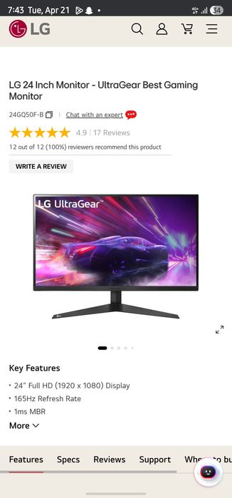 Monitor Gaming LG 23.8 inch 165hz VA