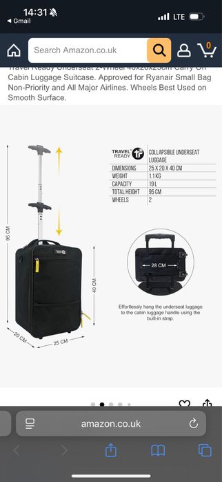 Bagaj mana troller geanta - RYANAIR, WIZZAIR - 25x20x50 cm