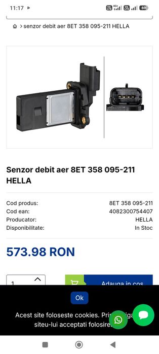 Senzor debit aer 8ET 358 095 211 Hella nou