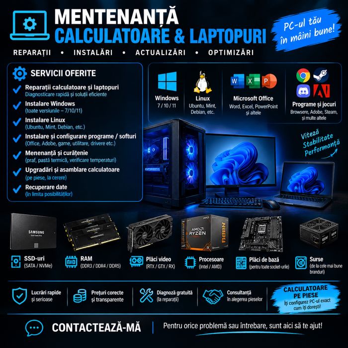 Mentenanță & Reparații PC/Laptop | Windows, Linux | Upgrade & Piese