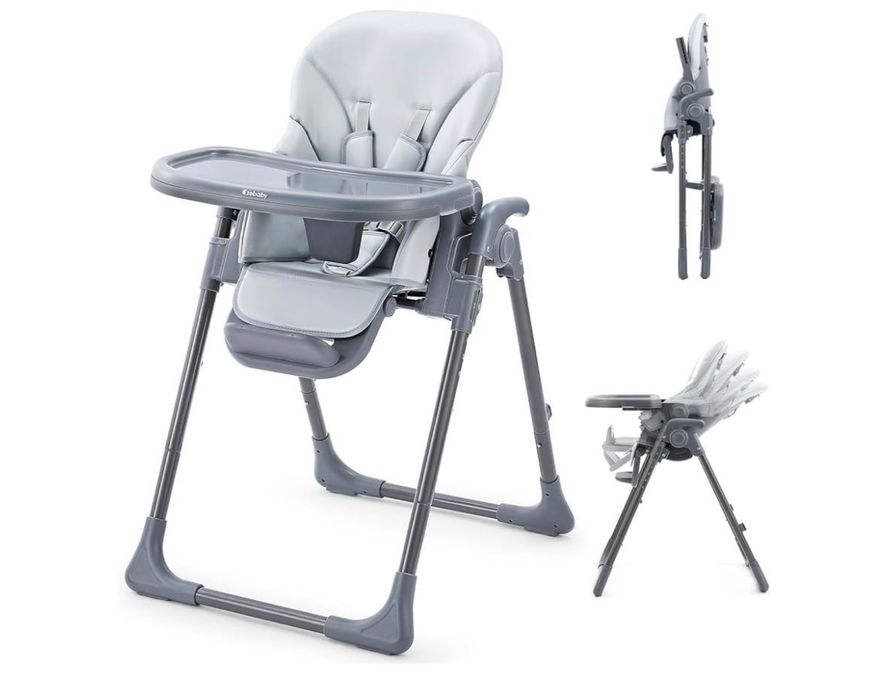 Scaun de masă bebe pliabil Ezebaby, reglabil, centuri 5 puncte, gri