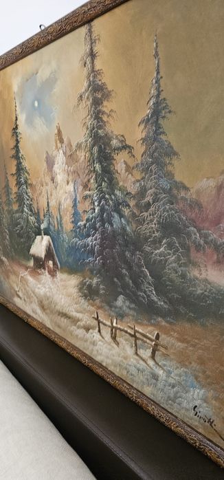 Tablou peisaj de iarnă – pictură semnată, cadru vintage