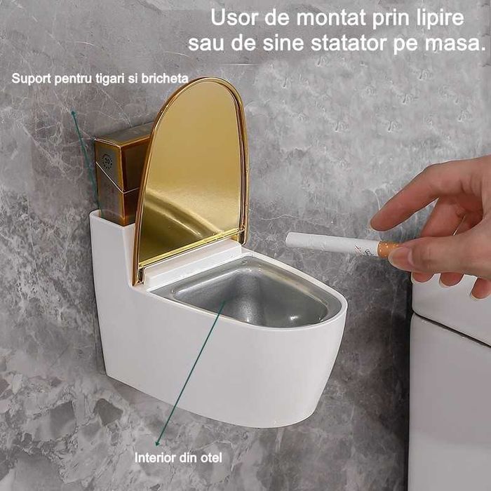 Scrumiera creativa Flippy, Forma de Toaleta, Capac Auriu