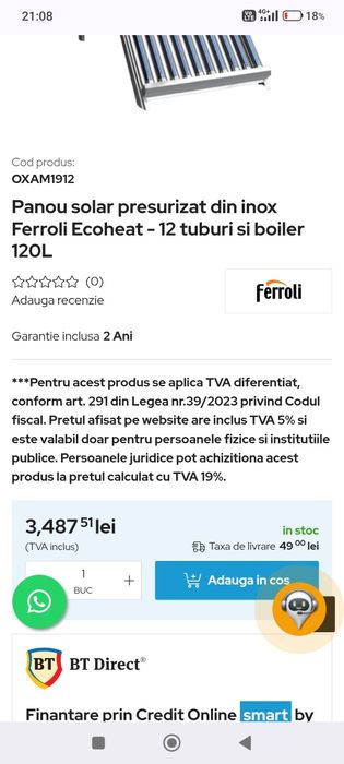 Panou solar presurizat Ferroli 120 L