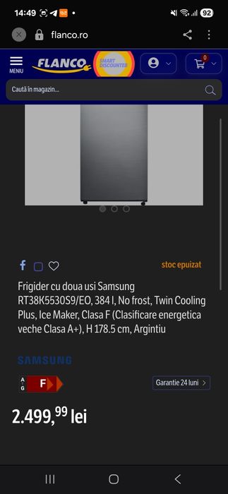 Samsung Twin Cooling Plus, No Frost, Digital Inverter, aprox. 380–400 L, înălțime 178–183 cm.
