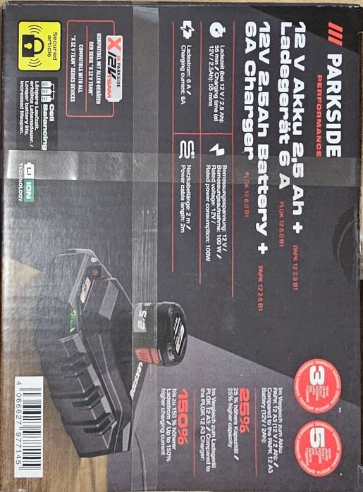 Parkside 12 V Батерия 2,5 Ah PAPK 12 2.5 В1 + зарядно устройство 6 A PLGK 12 6.0 B1