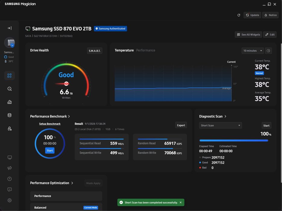 SSD Samsung 870 EVO 2TB ORIGINAL – TESTAT 100% – CrystalDiskInfo + Magician + HDD Sentinel