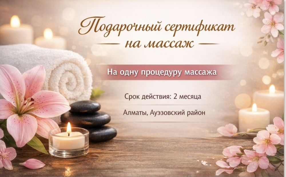 Подарочный сертификат на массаж..Алматы
