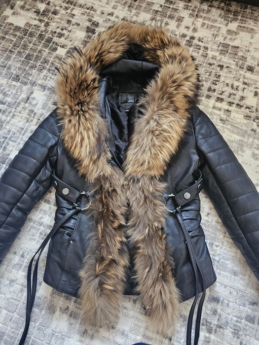 Дамско яке естествена кожа и естествен пух