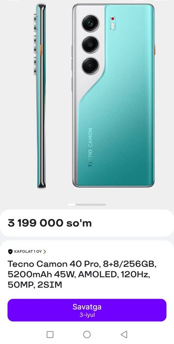 Sotaman yoki obmen Tecno camon 40 pro 8/256 4g yengi polniy komplekt