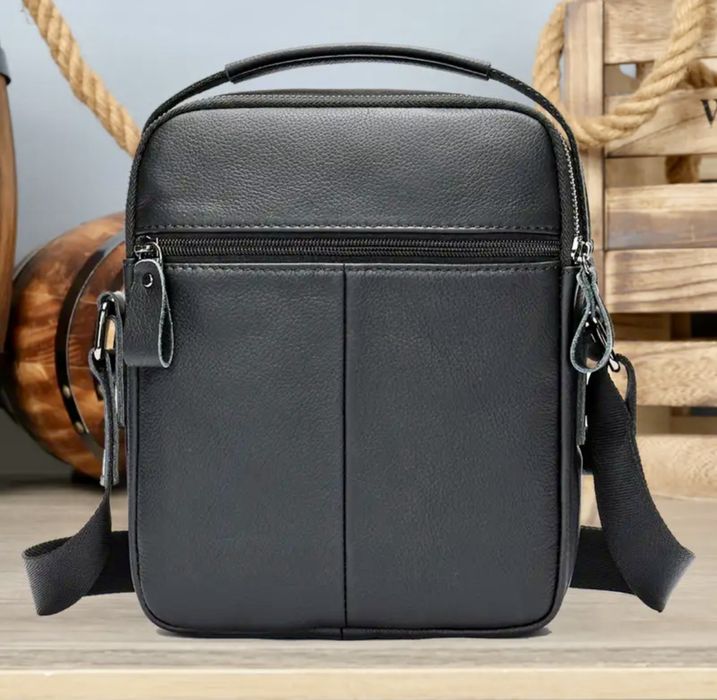 Мъжка обемна кожена чанта/Елегантна от черна естест. кожа -10%Промоция