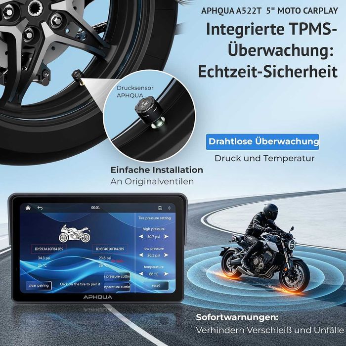APHQUA A522T 5" CarPlay / Android Auto за мотор с TPMS – IP67 водоустойчив