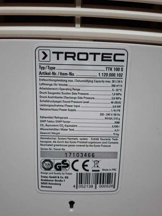 Dezumidificator Trotec TTK100S, 30l/zi, Debit 200mc/h