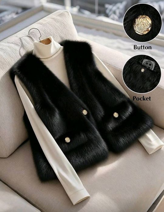 Страхотен макси пухен нов елек с лъскав еко косъм