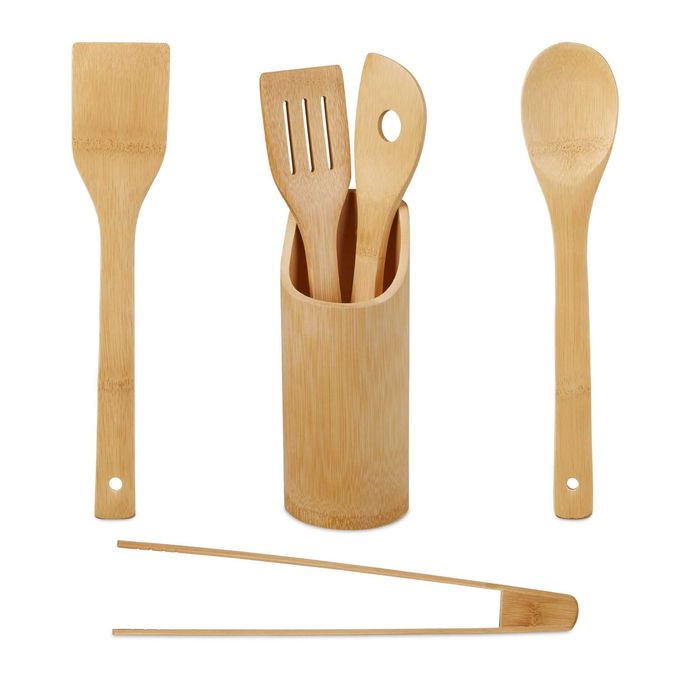 Set 5 ustensile bucatarie cu suport 2 lingiuri 2 spatule cleste bambus