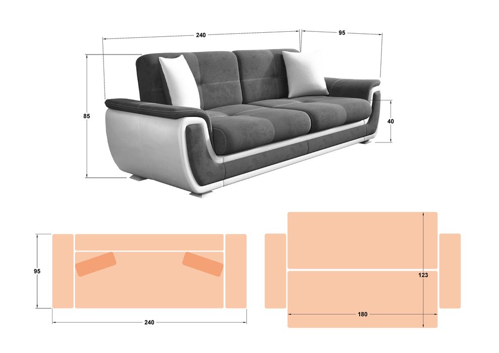 Разтегателно клик-клак канапе , сив + бяла кожа Принцес ||