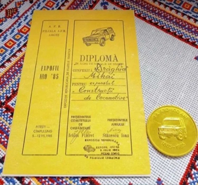 Lot obiecte ARO, Placheta și diploma,expoziția filatelica,Expofil 1985, veche de colectie ,  veche Romaneasca ARO, istoric, pentru colectionari