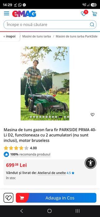 Masina de tuns iarba gazon Parkside pe baterie 20v 40v cositoare noua