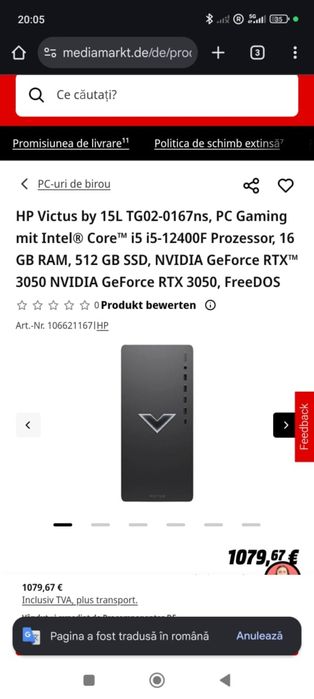 Se vinde PC de gaming HP Victus by 15L TG02-0167ns.