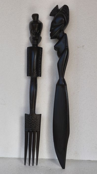 2 statuete sculptura abanos set rustic arta handmade figurine lemn