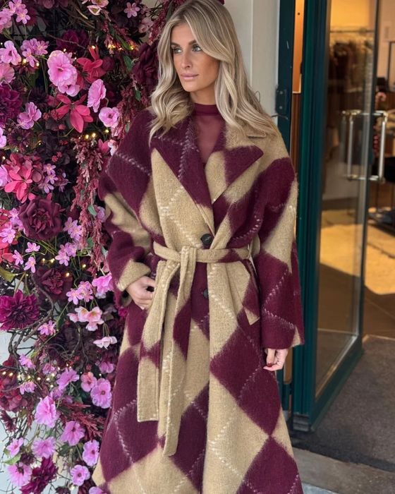 Италианско палто вълна бордо бургунди бежово Lumina