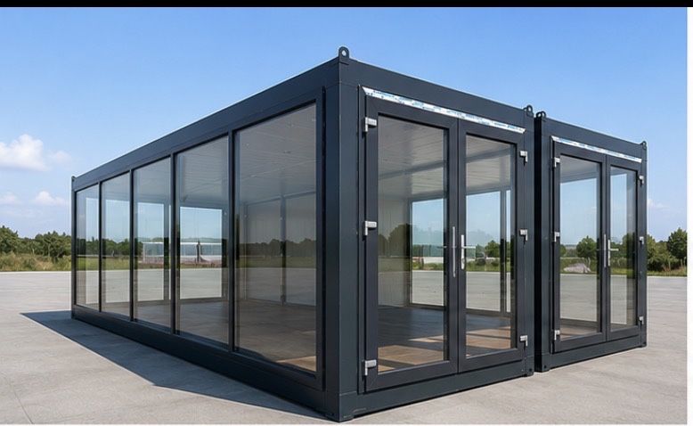 Containere pe stoc 2 module 2.7m latime x 6m cu sticla vitrina de sticla pe 3 laturi si in spate panouri sandwich