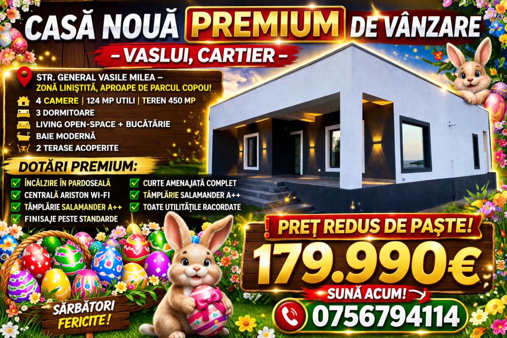 ‼️PREȚ REDUS ‼️CASĂ NOUĂ VASLUI  4 camere | 124 mp utili | 450 mp teren