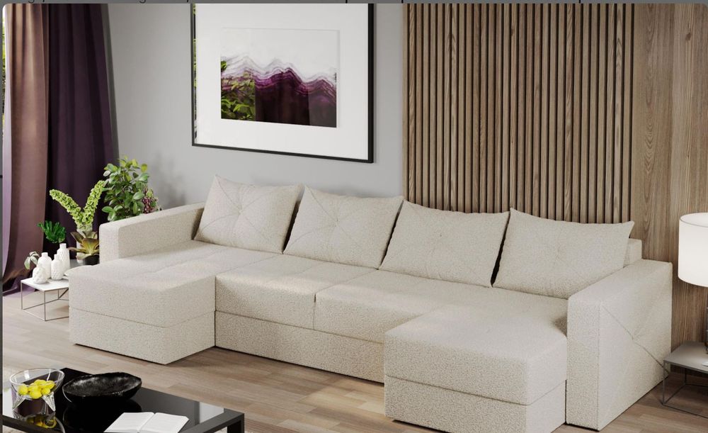 Coltar U extensibil Sofia plusat aspect lana crem cu lada de depozitare