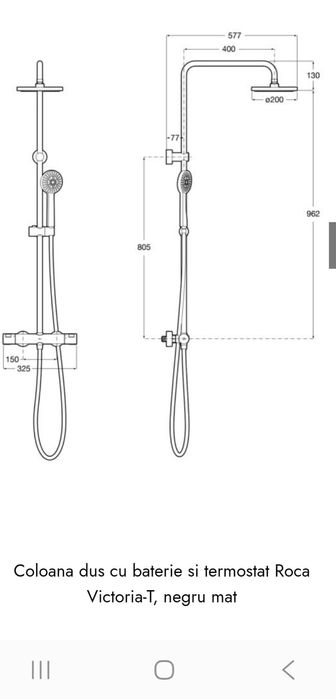 Coloana dus cu baterie si termostat Roca Victoria-T, negru mat