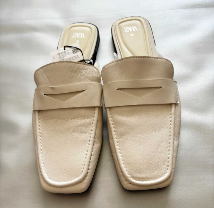 Papuci dama, ZARA, varf patrat, noi, piele naturala, 38